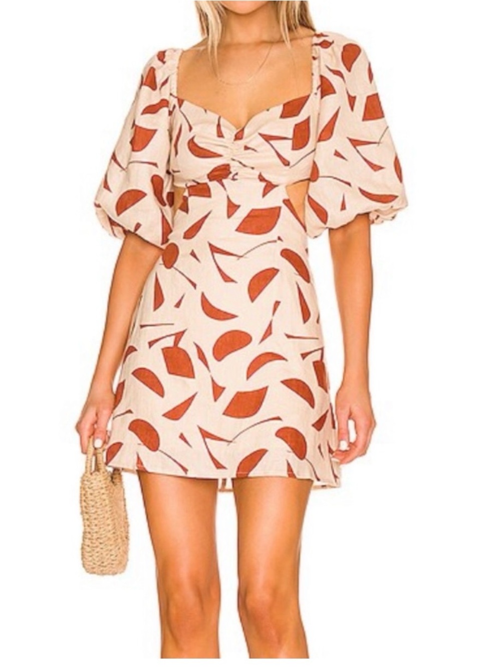 Astr 100% Linen Mini Dress with Rust Abstract Print and Cutouts